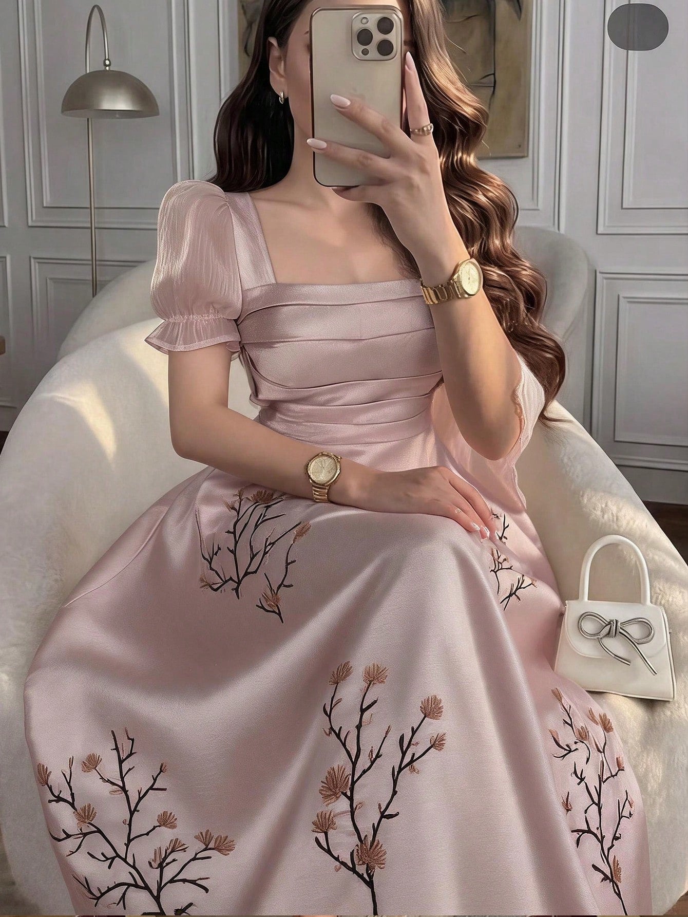 Feyla Elegant Women's Dusty Pink Floral Embroidered Long Dress,Square Neck Puff Short Sleeve Vintage A-Line Summer Dinner Dress For Special Occasions