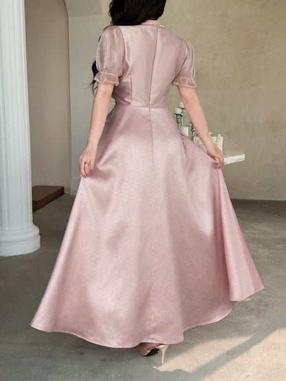 Feyla Elegant Women's Dusty Pink Floral Embroidered Long Dress,Square Neck Puff Short Sleeve Vintage A-Line Summer Dinner Dress For Special Occasions
