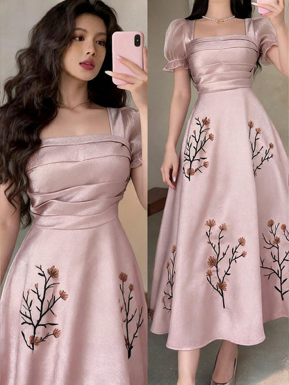 Feyla Elegant Women's Dusty Pink Floral Embroidered Long Dress,Square Neck Puff Short Sleeve Vintage A-Line Summer Dinner Dress For Special Occasions