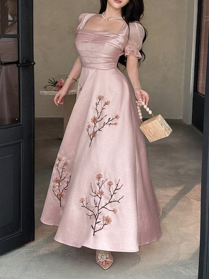 Feyla Elegant Women's Dusty Pink Floral Embroidered Long Dress,Square Neck Puff Short Sleeve Vintage A-Line Summer Dinner Dress For Special Occasions