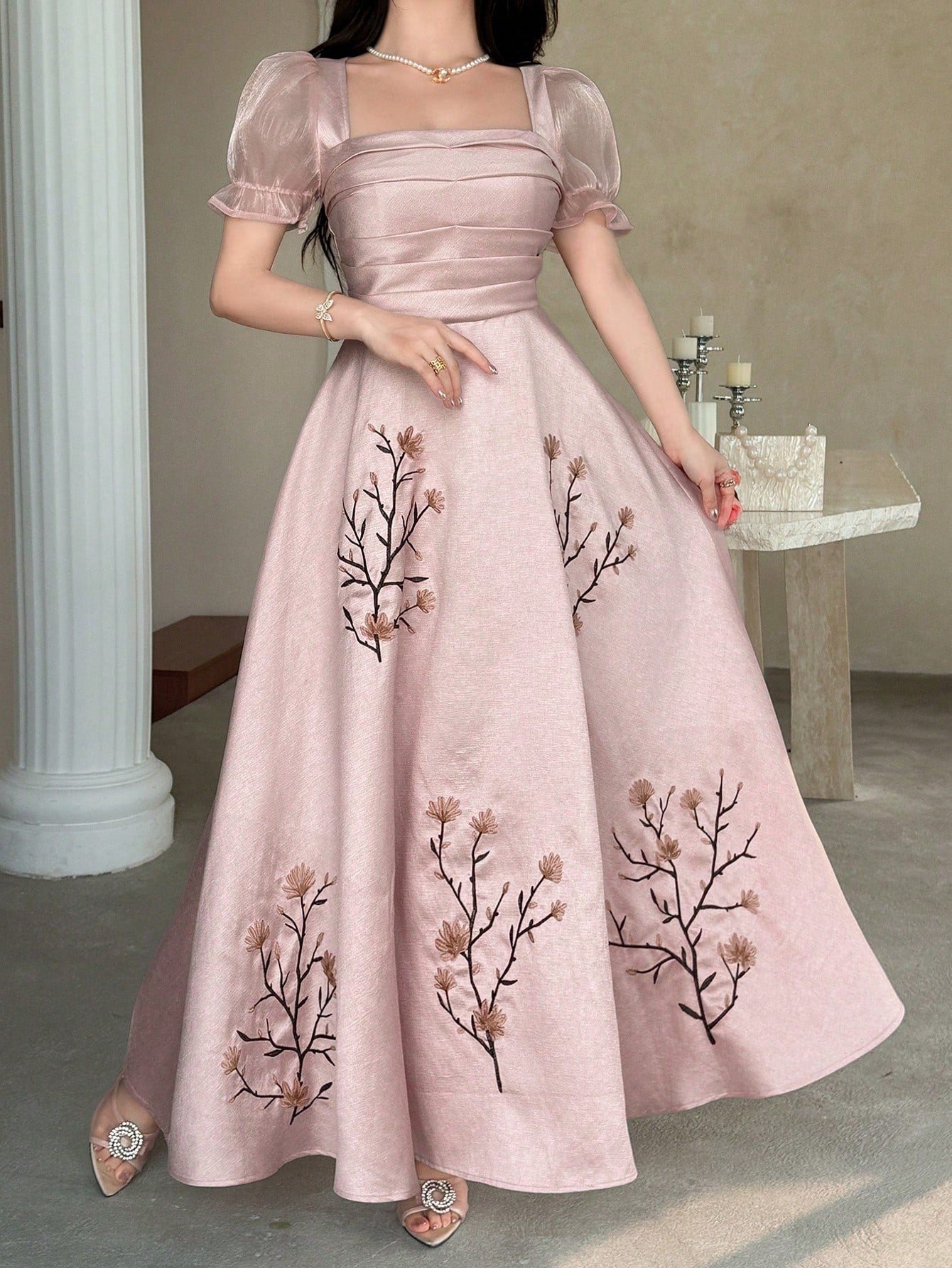 Feyla Elegant Women's Dusty Pink Floral Embroidered Long Dress,Square Neck Puff Short Sleeve Vintage A-Line Summer Dinner Dress For Special Occasions