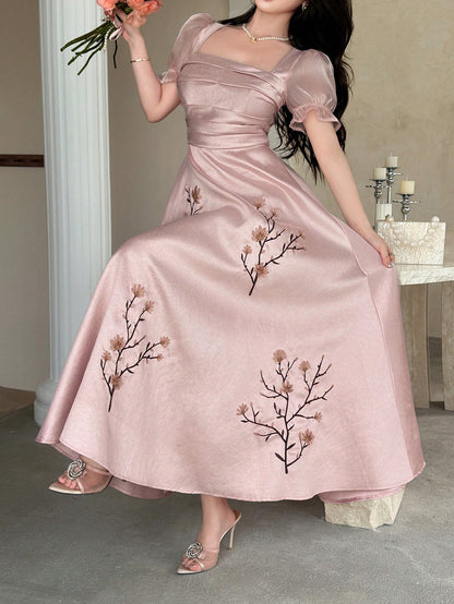 Feyla Elegant Women's Dusty Pink Floral Embroidered Long Dress,Square Neck Puff Short Sleeve Vintage A-Line Summer Dinner Dress For Special Occasions