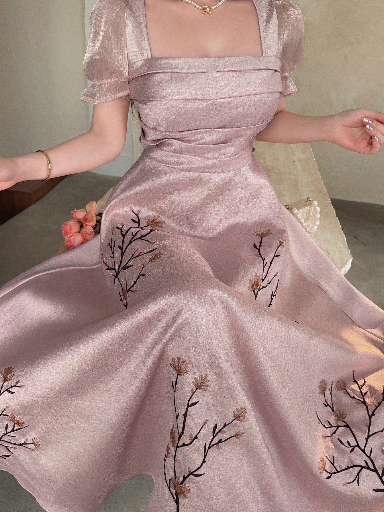 Feyla Elegant Women's Dusty Pink Floral Embroidered Long Dress,Square Neck Puff Short Sleeve Vintage A-Line Summer Dinner Dress For Special Occasions