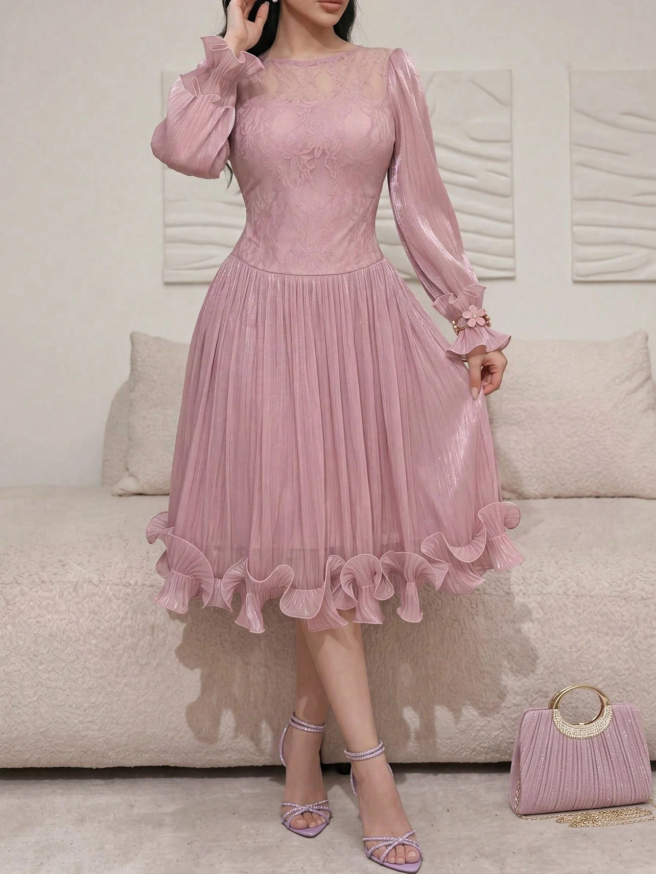 Feyla New Arrival Summer Long Sleeve Romantic Ruffled Elegant Lace Patchwork Dress, Suitable For Vacation And Party