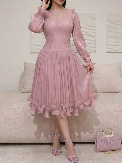 Feyla New Arrival Summer Long Sleeve Romantic Ruffled Elegant Lace Patchwork Dress, Suitable For Vacation And Party