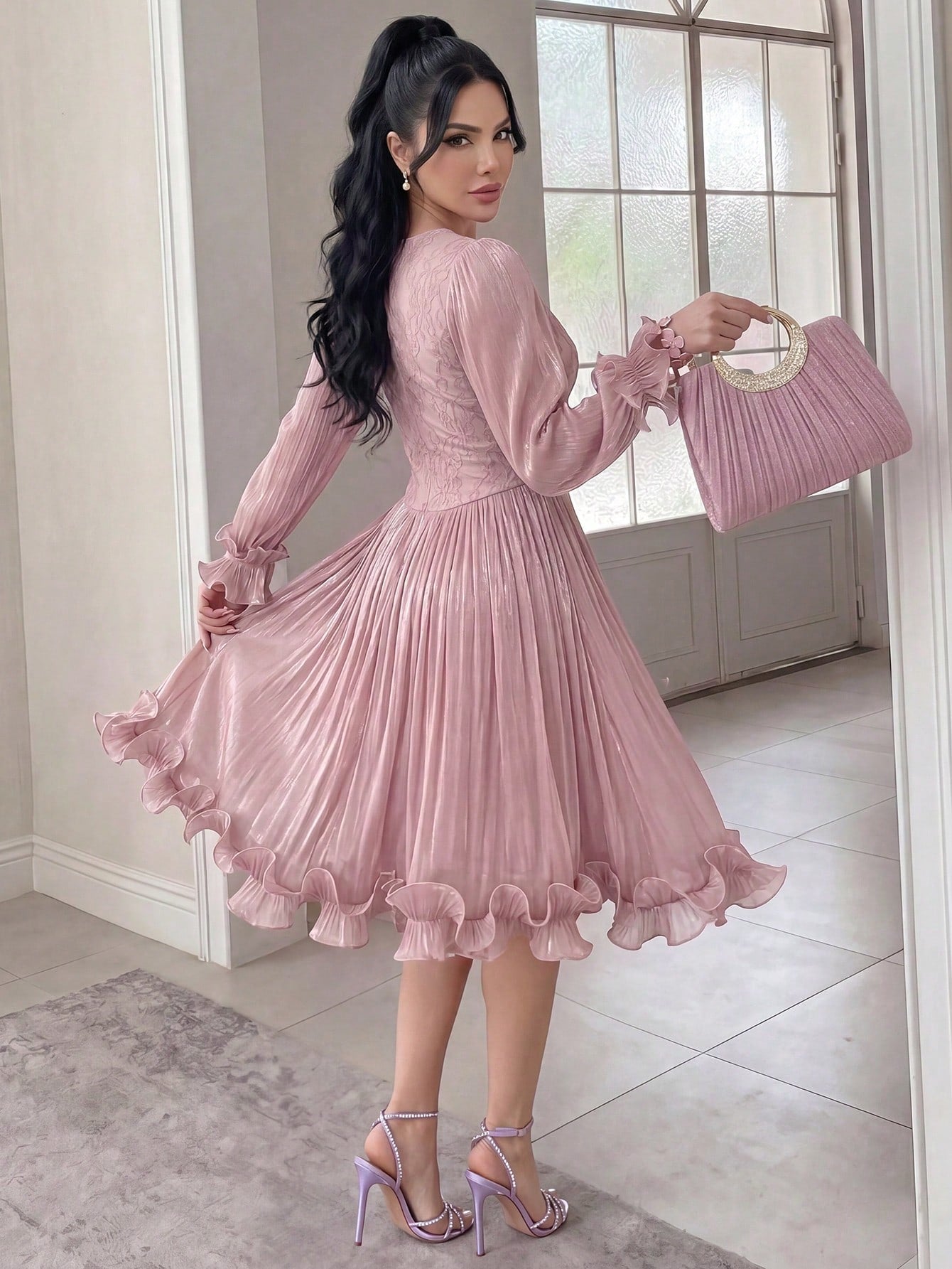 Feyla New Arrival Summer Long Sleeve Romantic Ruffled Elegant Lace Patchwork Dress, Suitable For Vacation And Party