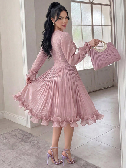Feyla New Arrival Summer Long Sleeve Romantic Ruffled Elegant Lace Patchwork Dress, Suitable For Vacation And Party