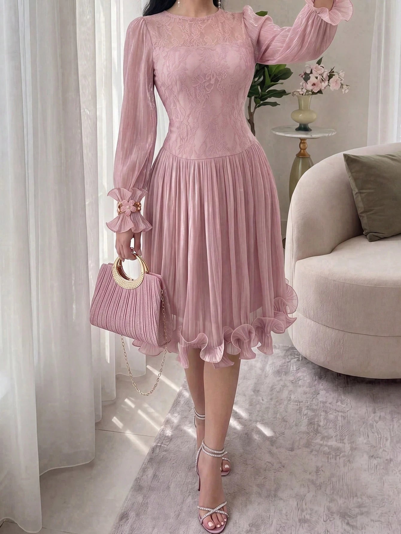 Feyla New Arrival Summer Long Sleeve Romantic Ruffled Elegant Lace Patchwork Dress, Suitable For Vacation And Party