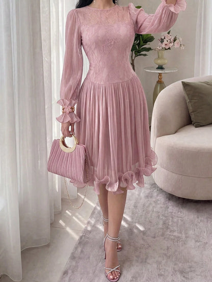 Feyla New Arrival Summer Long Sleeve Romantic Ruffled Elegant Lace Patchwork Dress, Suitable For Vacation And Party
