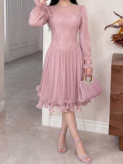 Feyla New Arrival Summer Long Sleeve Romantic Ruffled Elegant Lace Patchwork Dress, Suitable For Vacation And Party