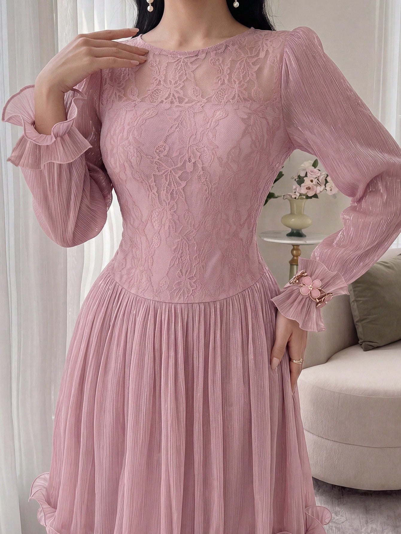 Feyla New Arrival Summer Long Sleeve Romantic Ruffled Elegant Lace Patchwork Dress, Suitable For Vacation And Party