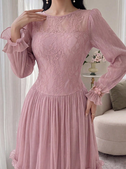 Feyla New Arrival Summer Long Sleeve Romantic Ruffled Elegant Lace Patchwork Dress, Suitable For Vacation And Party