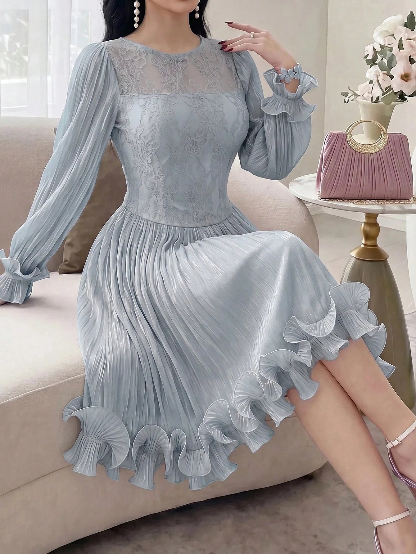 Feyla New Arrival Summer Long Sleeve Romantic Ruffled Elegant Lace Patchwork Dress, Suitable For Vacation And Party