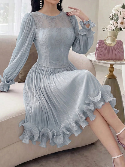 Feyla New Arrival Summer Long Sleeve Romantic Ruffled Elegant Lace Patchwork Dress, Suitable For Vacation And Party