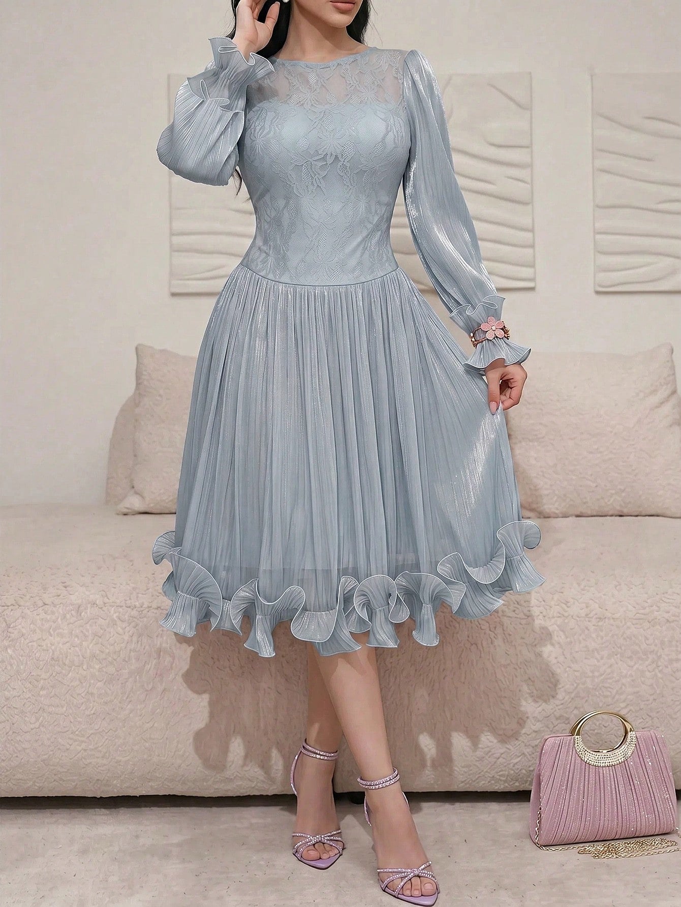 Feyla New Arrival Summer Long Sleeve Romantic Ruffled Elegant Lace Patchwork Dress, Suitable For Vacation And Party
