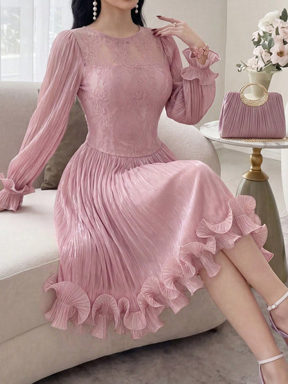 Feyla New Arrival Summer Long Sleeve Romantic Ruffled Elegant Lace Patchwork Dress, Suitable For Vacation And Party
