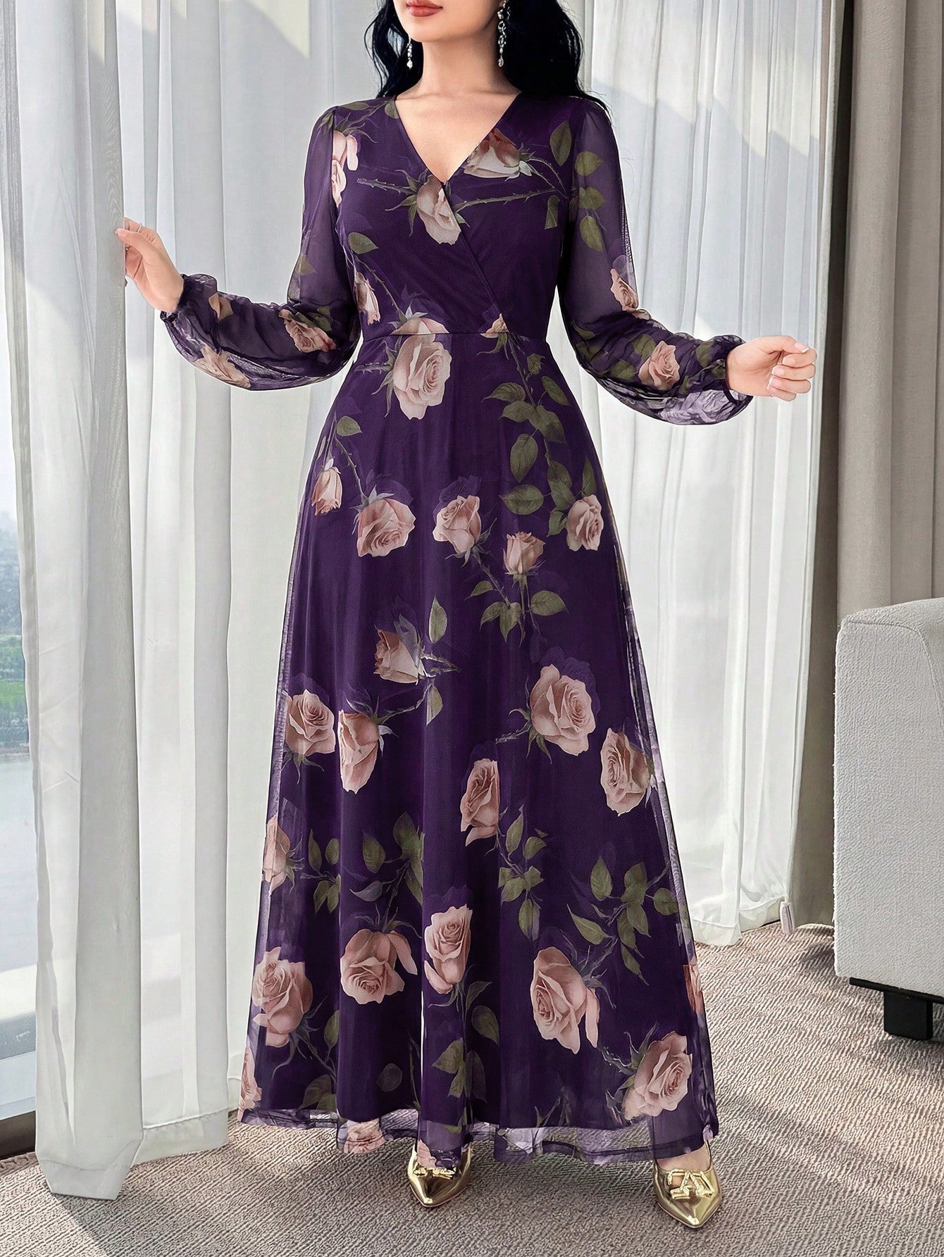 Feyla New Rose Flower Elegant Charming Elegant High-End Cinched Waist Dress For Women