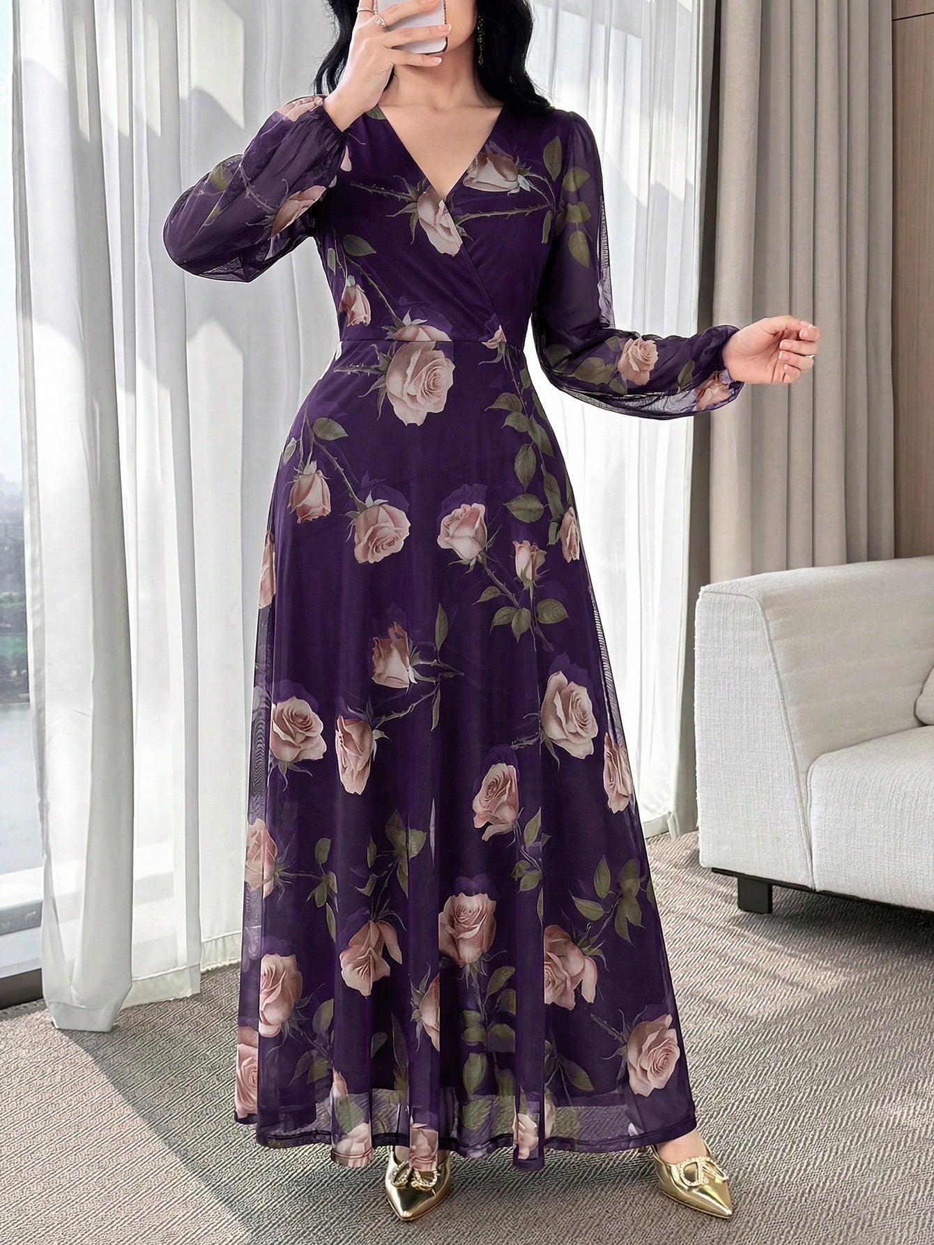 Feyla New Rose Flower Elegant Charming Elegant High-End Cinched Waist Dress For Women