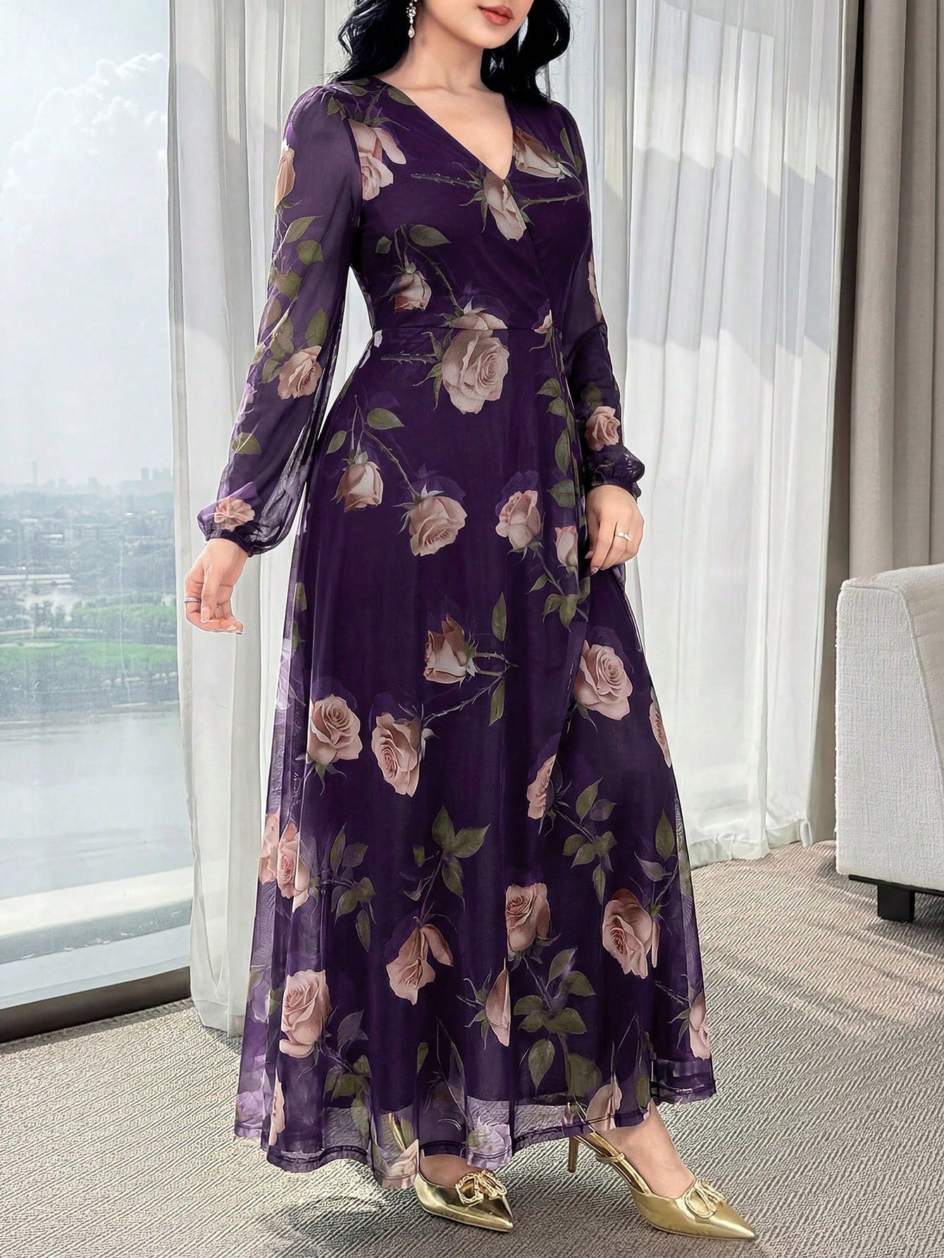 Feyla New Rose Flower Elegant Charming Elegant High-End Cinched Waist Dress For Women
