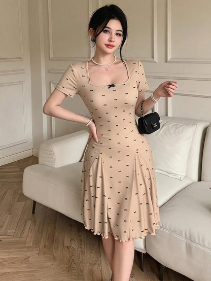 Feyla Women's Bow Print Square Neck Short Sleeve Elegant Cute Dress Dates Black And Beige Summer