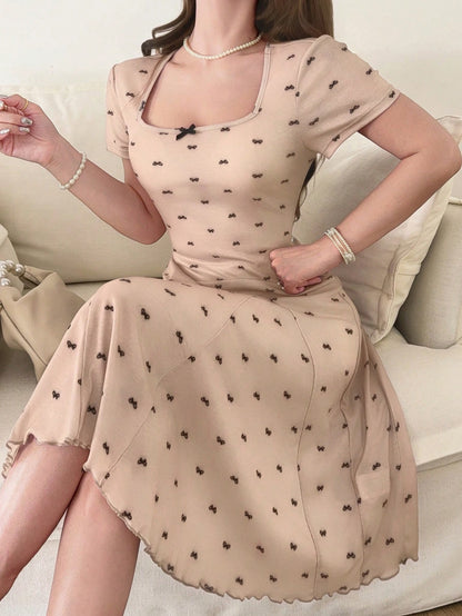 Feyla Women's Bow Print Square Neck Short Sleeve Elegant Cute Dress Dates Black And Beige Summer