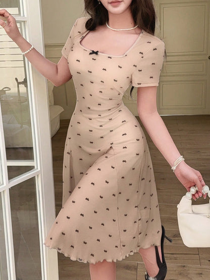 Feyla Women's Bow Print Square Neck Short Sleeve Elegant Cute Dress Dates Black And Beige Summer