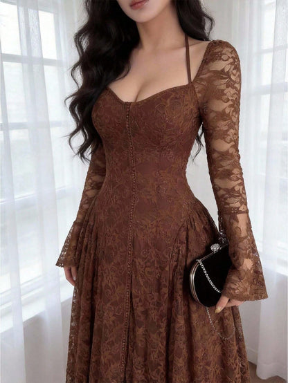 Feyla Women's Elegant Lace Waist Flare Sleeve Midi Dress,Summer Dresses For Women