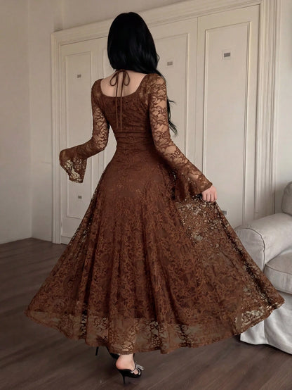 Feyla Women's Elegant Lace Waist Flare Sleeve Midi Dress,Summer Dresses For Women