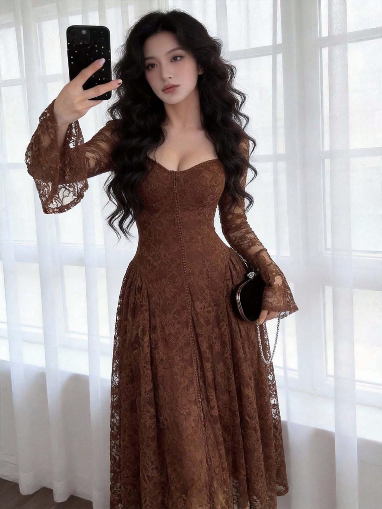 Feyla Women's Elegant Lace Waist Flare Sleeve Midi Dress,Summer Dresses For Women