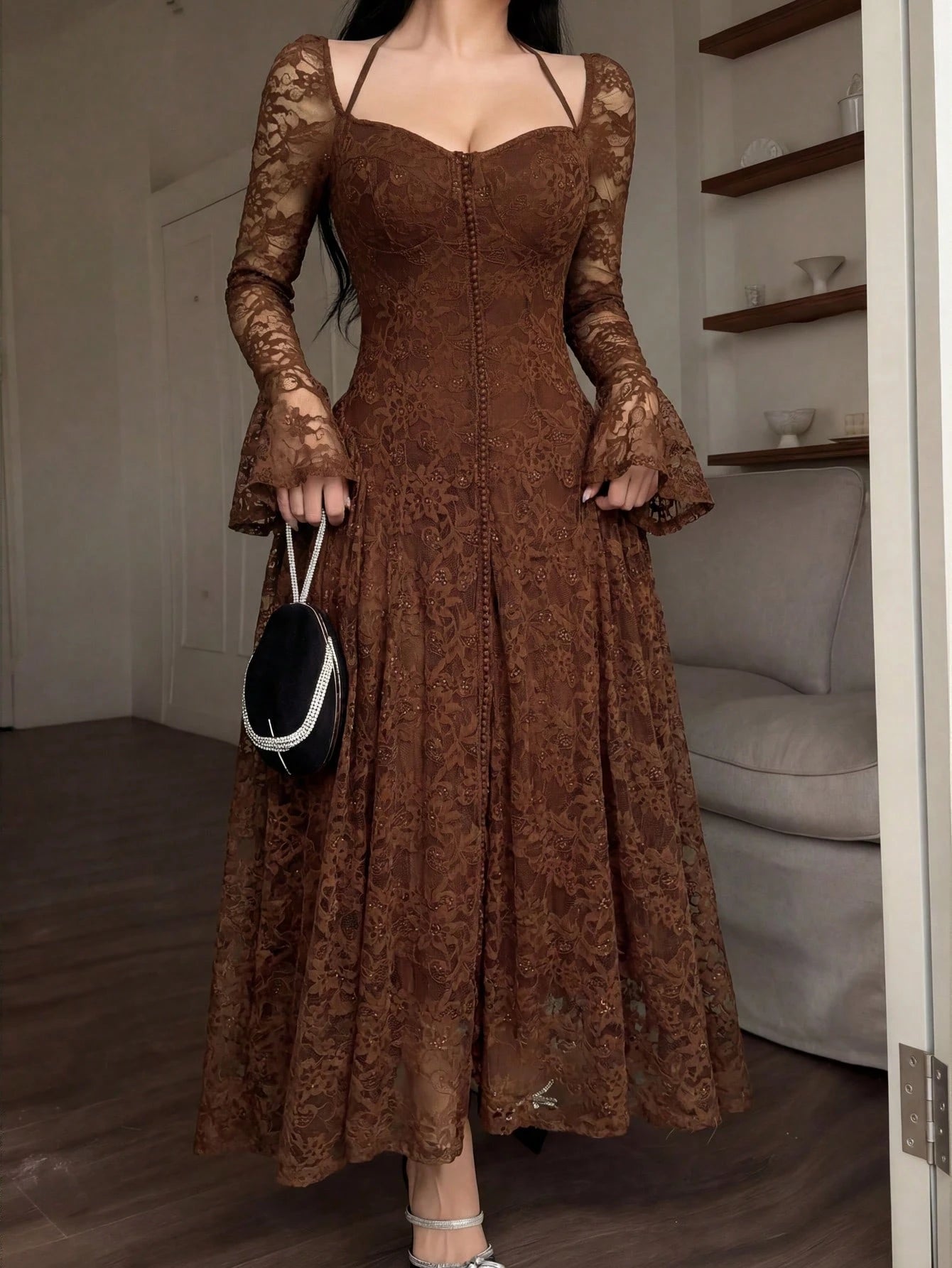Feyla Women's Elegant Lace Waist Flare Sleeve Midi Dress,Summer Dresses For Women