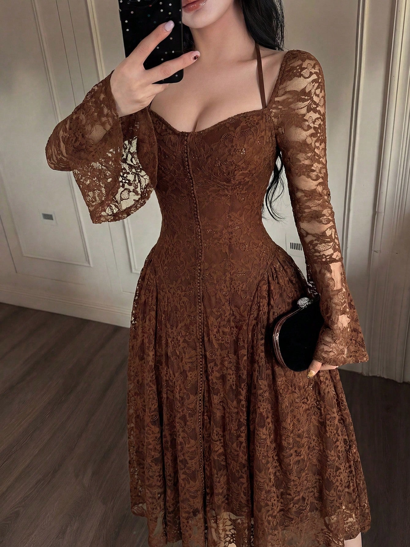Feyla Women's Elegant Lace Waist Flare Sleeve Midi Dress,Summer Dresses For Women