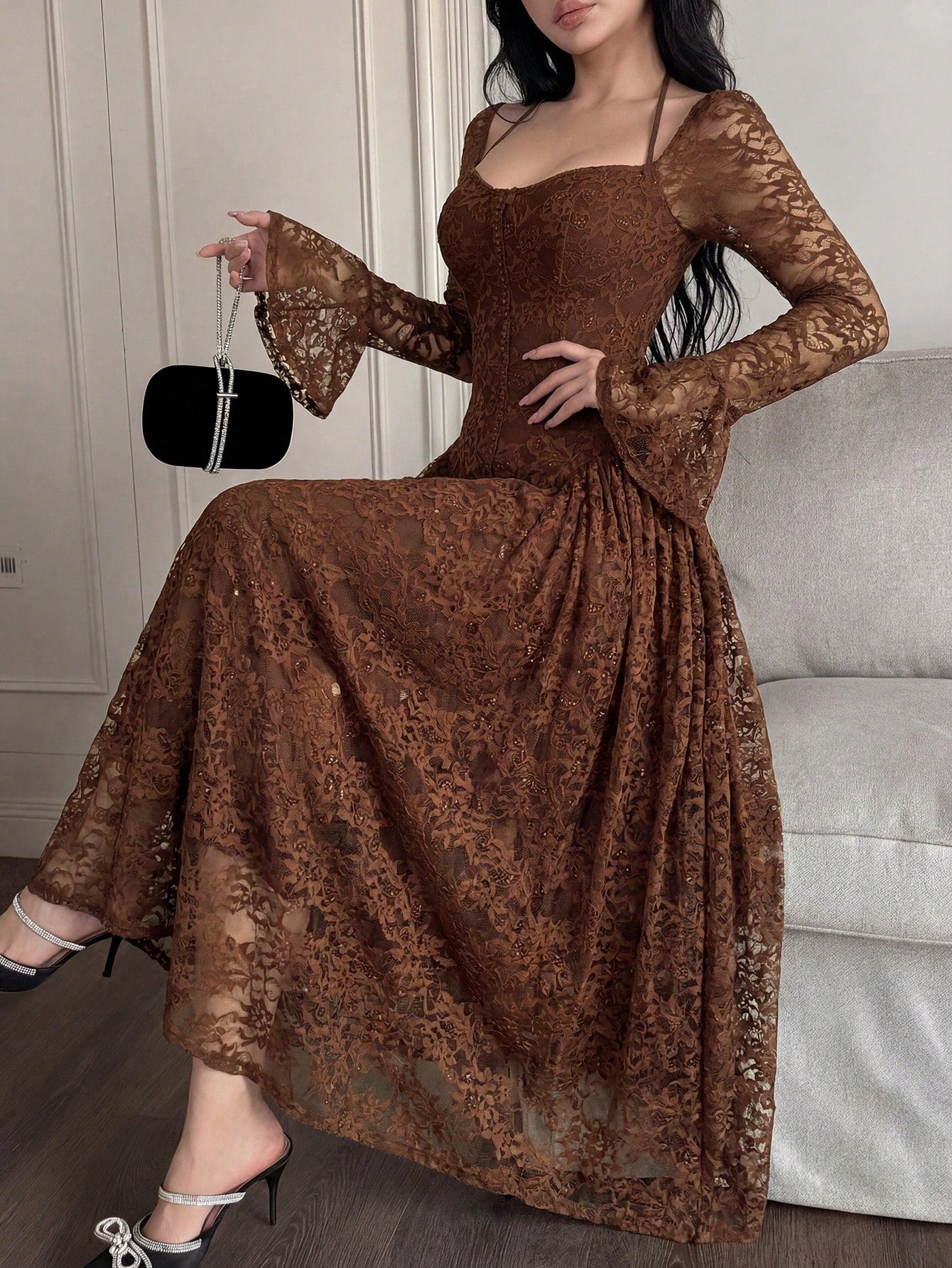 Feyla Women's Elegant Lace Waist Flare Sleeve Midi Dress,Summer Dresses For Women