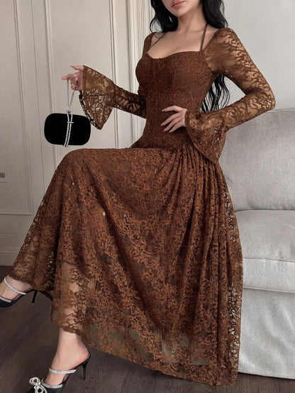 Feyla Women's Elegant Lace Waist Flare Sleeve Midi Dress,Summer Dresses For Women