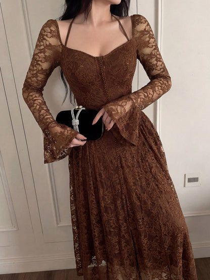 Feyla Women's Elegant Lace Waist Flare Sleeve Midi Dress,Summer Dresses For Women
