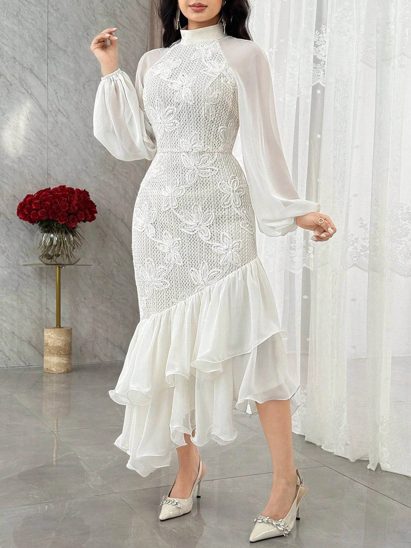 Feyla Women's Elegant Mandarin Collar Lantern Sleeve Floral Patchwork Hollow Out Fabric Asymmetrical Double Ruffle Hem Mid-Length Dress