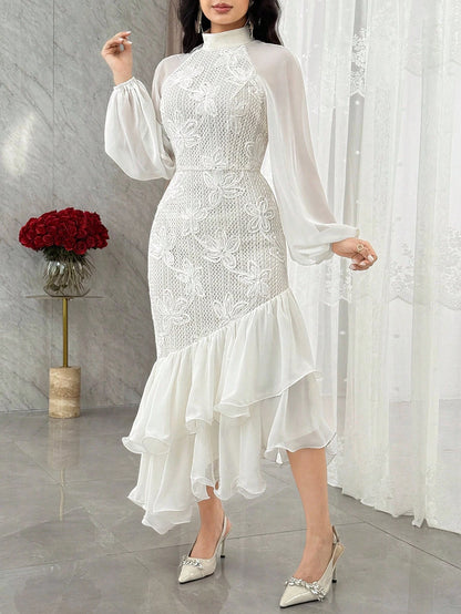 Feyla Women's Elegant Mandarin Collar Lantern Sleeve Floral Patchwork Hollow Out Fabric Asymmetrical Double Ruffle Hem Mid-Length Dress