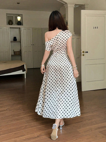Feyla Women's Elegant Polka Dot One Shoulder Maxi Dress,Floral Applique Side Slit Beige Summer 70s Retro Tea Party Chic Long Dress For Special Occasions