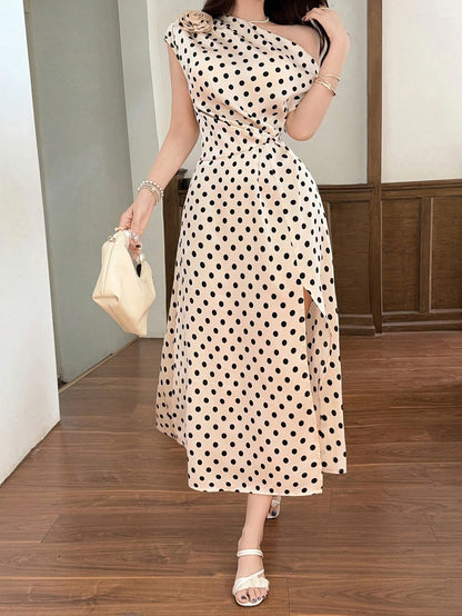 Feyla Women's Elegant Polka Dot One Shoulder Maxi Dress,Floral Applique Side Slit Beige Summer 70s Retro Tea Party Chic Long Dress For Special Occasions