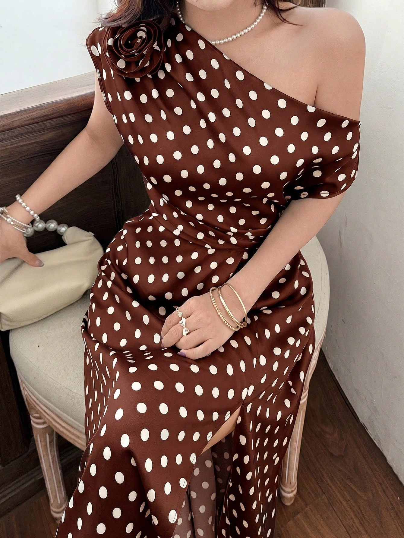 Feyla Women's Elegant Polka Dot One Shoulder Maxi Dress,Floral Applique Side Slit Beige Summer 70s Retro Tea Party Chic Long Dress For Special Occasions