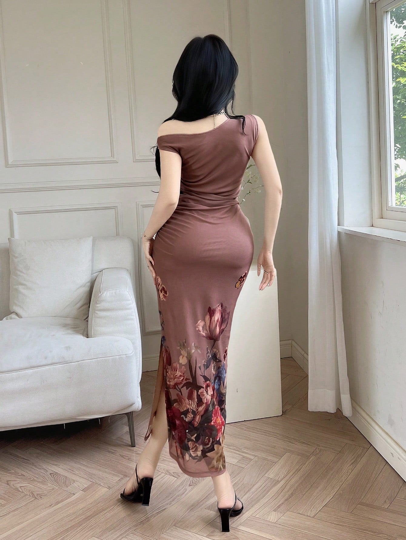 Feyla Women's Floral Print Pleated Fitted Elegant Mature Long Dress Elegant Women Dresses Wedding Dinner Party Brown Floral Summer