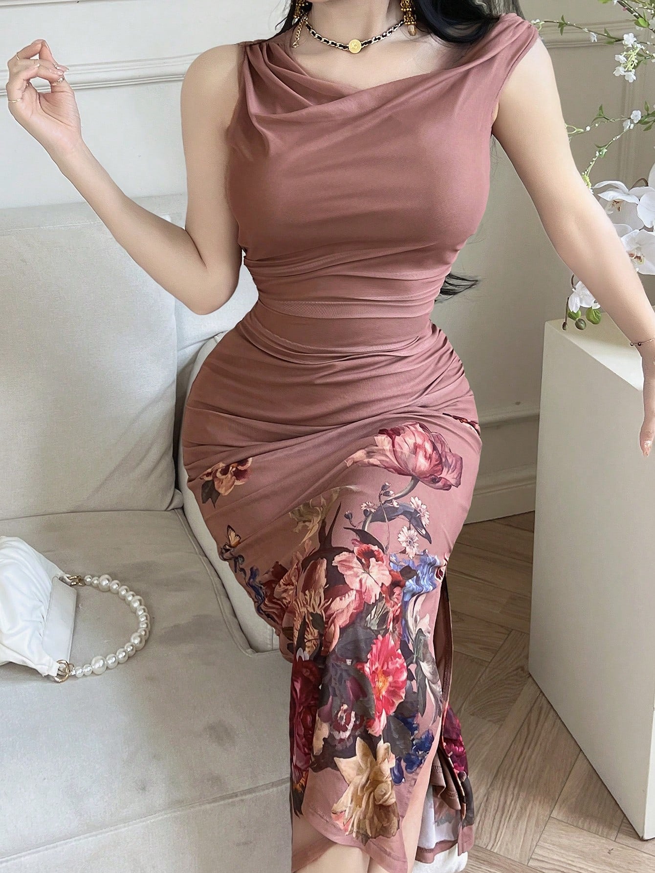Feyla Women's Floral Print Pleated Fitted Elegant Mature Long Dress Elegant Women Dresses Wedding Dinner Party Brown Floral Summer