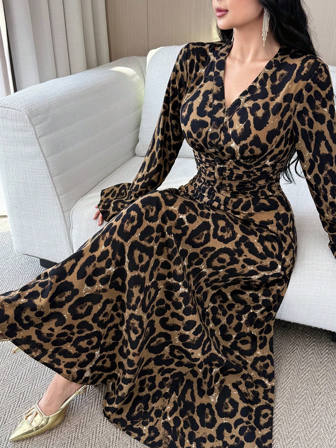 Feyla Women's Leopard Print V-Neck Long Sleeve Dress, Casual Everyday Wear