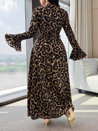 Feyla Women's Leopard Print V-Neck Long Sleeve Dress, Casual Everyday Wear