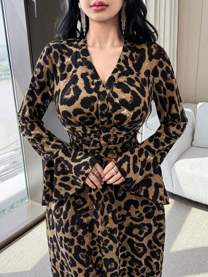 Feyla Women's Leopard Print V-Neck Long Sleeve Dress, Casual Everyday Wear