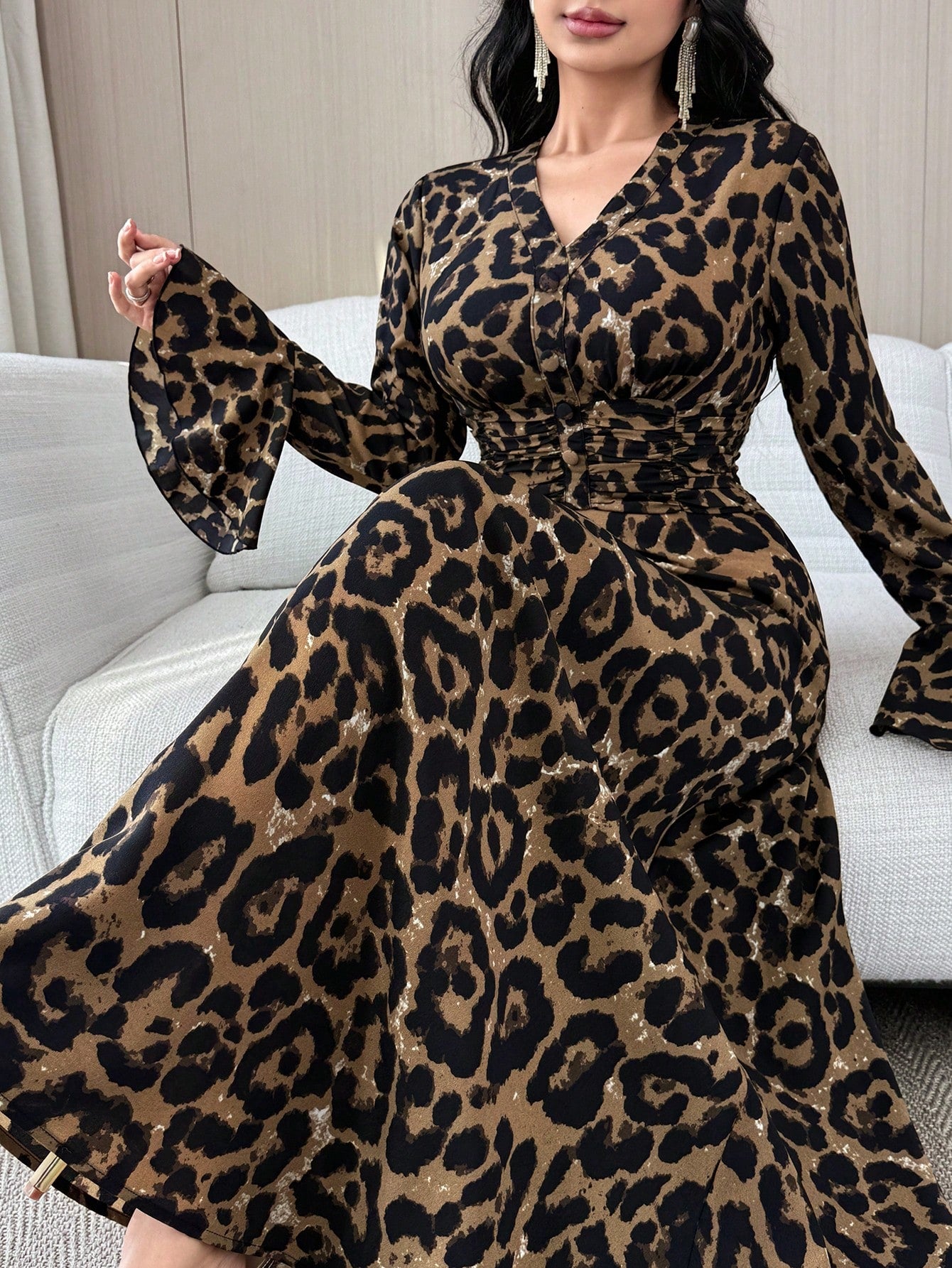 Feyla Women's Leopard Print V-Neck Long Sleeve Dress, Casual Everyday Wear