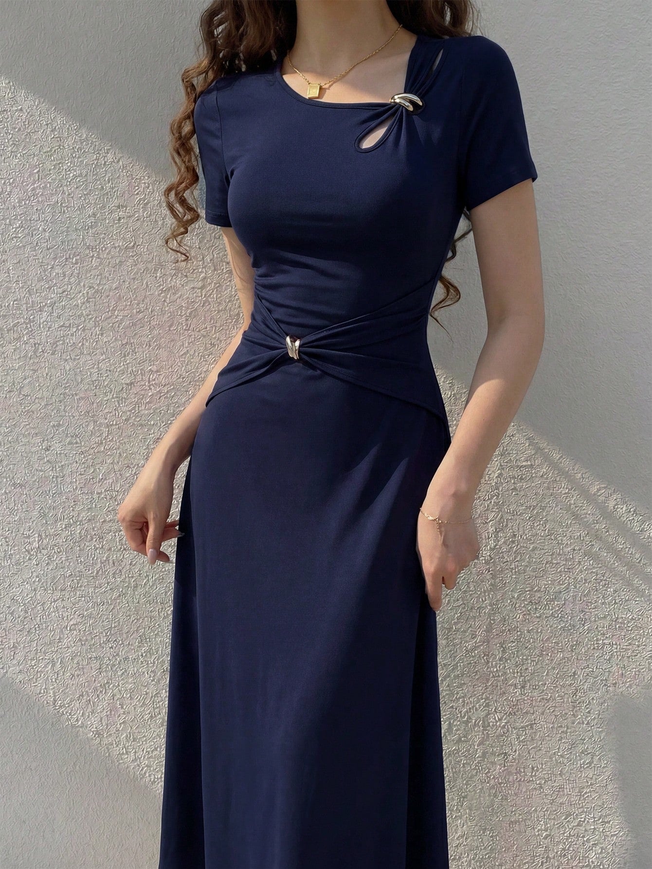 Feyla Women's Metal Decor Asymmetric Collar Short Sleeve Elegant Mid-Length Dress Party Navy Blue Summer