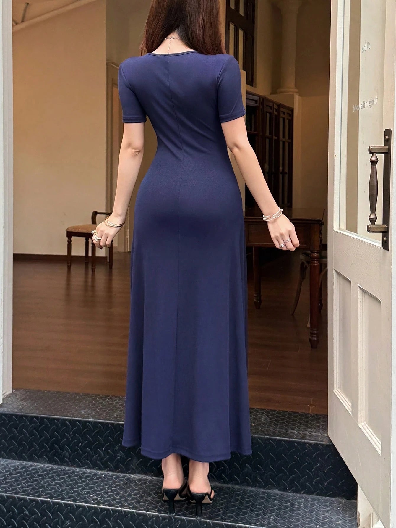 Feyla Women's Metal Decor Asymmetric Collar Short Sleeve Elegant Mid-Length Dress Party Navy Blue Summer