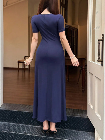 Feyla Women's Metal Decor Asymmetric Collar Short Sleeve Elegant Mid-Length Dress Party Navy Blue Summer