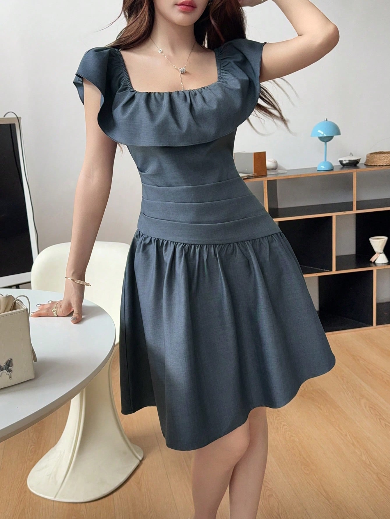 Feyla Women's Summer Elegant Solid Color Ruffle Short Dress