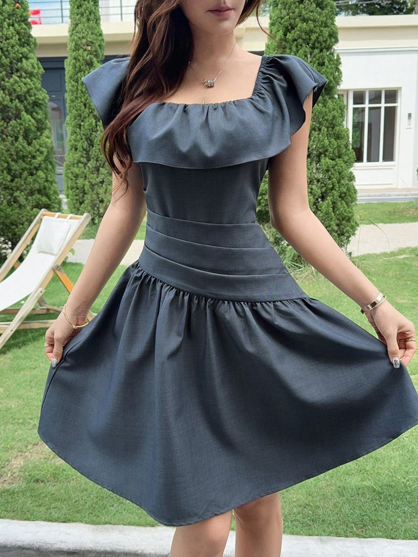 Feyla Women's Summer Elegant Solid Color Ruffle Short Dress